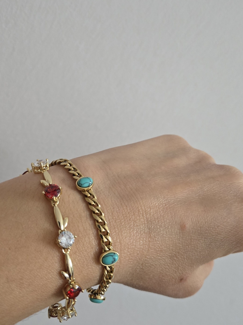 Stainless Steel Gold-Tone Turquoise & Red Stone Bracelet Set - Women Jewelry